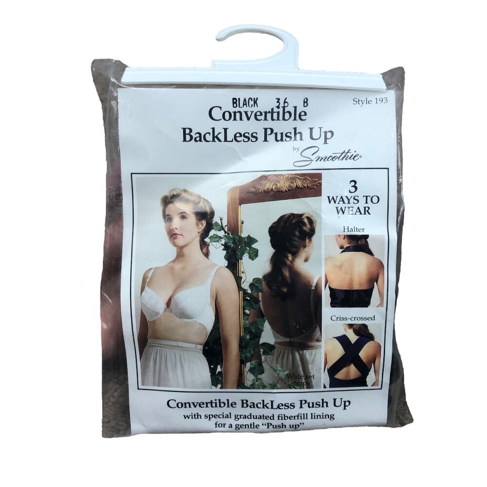 SMOOTHIE Black Convertible Backless Push Up‎ Bra Size 36B 1960's Sty 193